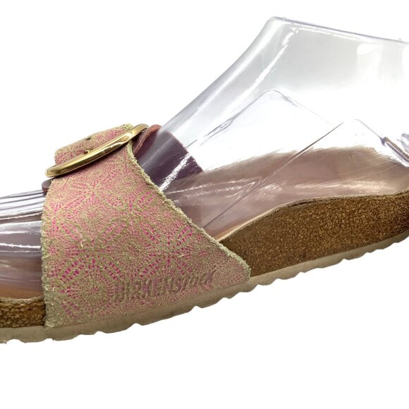 Birkenstock Madrid Gold Big Buckle Sandals 5 36 Pink Print Single Strap Slide - Picture 10 of 12